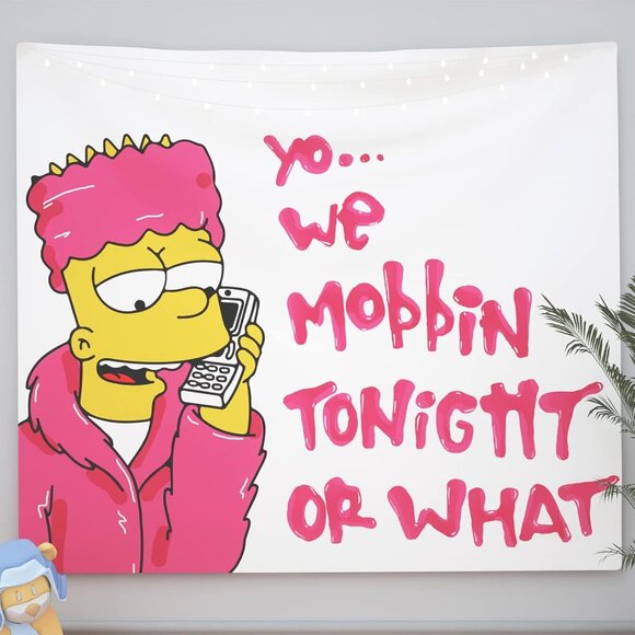 New Funny Meme Tapestry, Yo We Mobbin Tonight Dorm Wall Art in Pink - 51x59 Inch - Picture 1 of 6
